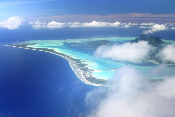 aerial view of cloud-shrouded Bora Bora