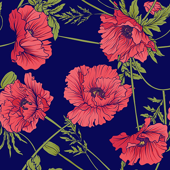 seamless botanical pattern with poppy flowers