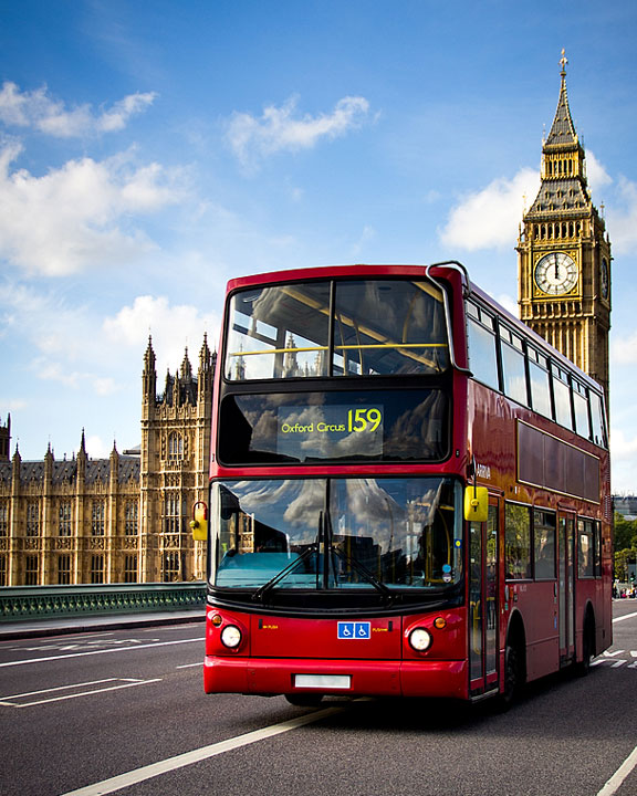 double decker bus and clock tower