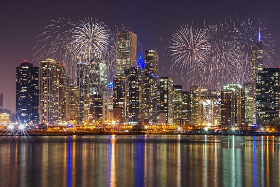 Chicago skyline at night, viewed from Lake Michigan