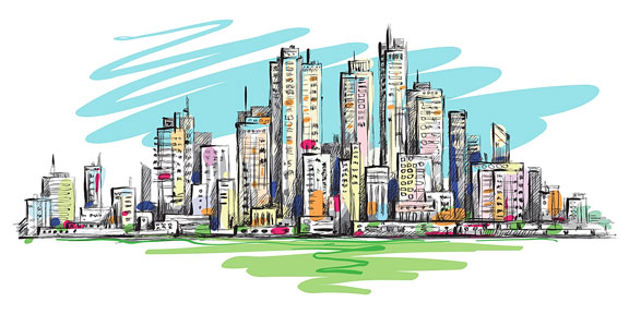 city illustration, with green grass and blue sky
