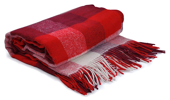 fringed blanket with red checked pattern