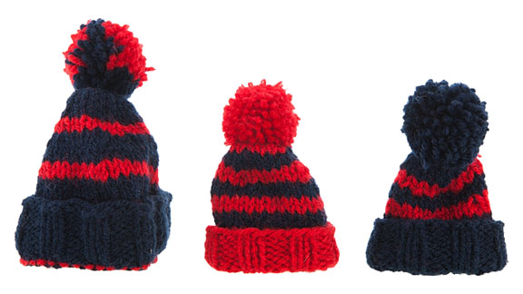 red and blue knitted hats