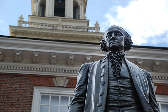 Independence Hall and George Washington statue