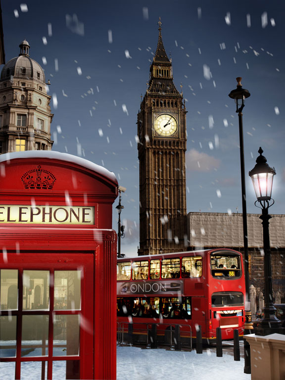 snow falling in London, England