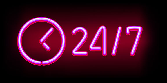 open 24/7 neon sign