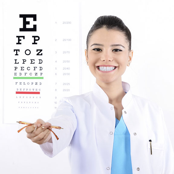 female optician, eyeglasses, and eye chart