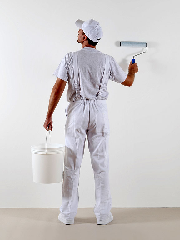 painter with paint bucket and paint roller