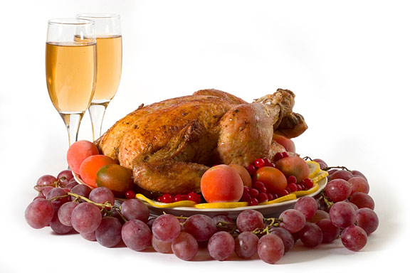 roasted turkey, fruit, and wine