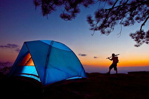 camping tent at sunset