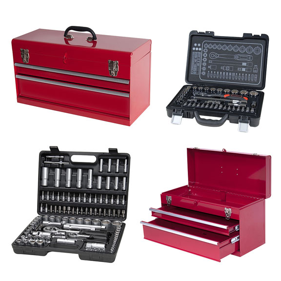 red toolboxes and black toolboxes
