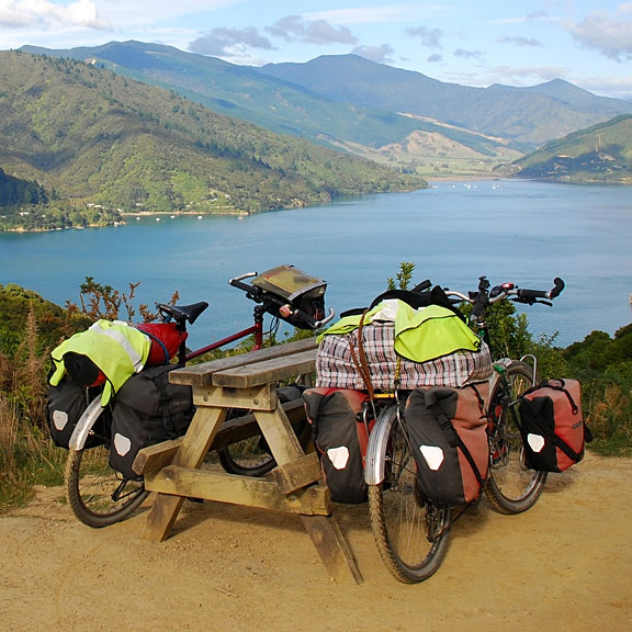 touring bicycles and a picnic table