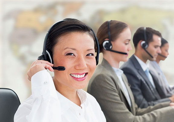 travel agents wearing headsets