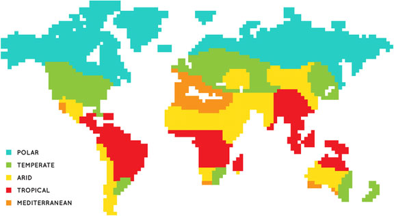 pixelated world map, showing tropical climate zones