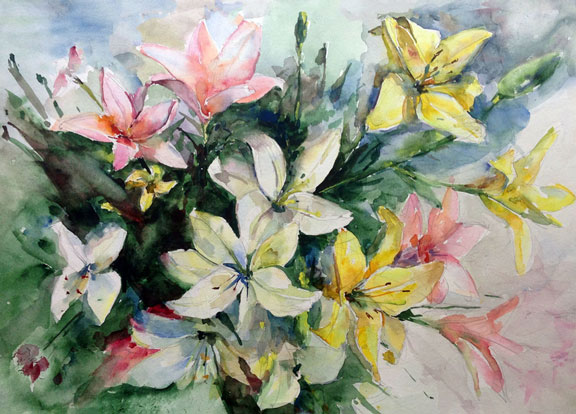 watercolor art - pastel lilies